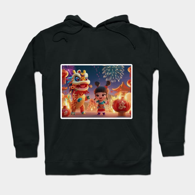 Lunar Serenity: Whimsical Pyrotechnics with Joyful Roars, a Dynasty Sparkle of Cherubic Flames, where Dragon's Delight meets Innocent Sparks in a Cartoon New Year Spectacle Hoodie by PicRidez